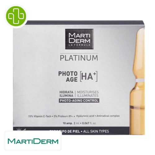 Produit de la marque Marti Derm Platinum HA+ Photo-Age Hydratant Illuminateur - 10 ampoules sur un fond blanc avec un logo Parachezvous et celui de de la marque Marti Derm