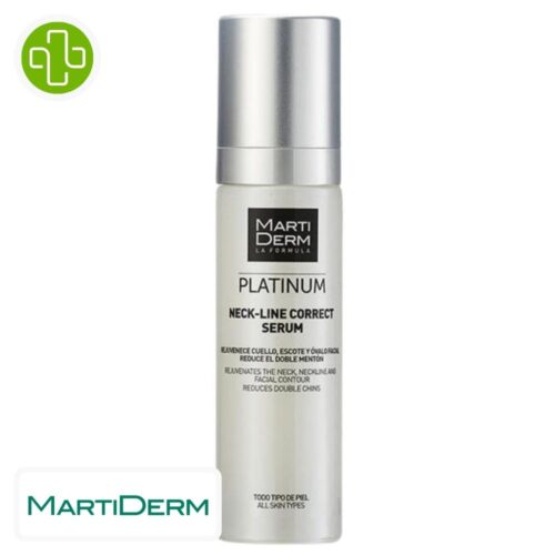 Produit de la marque Marti Derm Platinum Neck-line Correct Serum Anti-Rides Raffermissant - 50ml sur un fond blanc avec un logo Parachezvous et celui de de la marque Marti Derm
