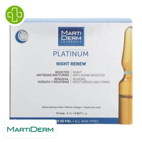 Produit de la marque Marti Derm Platinum Night Renew Anti-Âge - 10 ampoules sur un fond blanc avec un logo Parachezvous et celui de de la marque Marti Derm