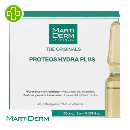 Produit de la marque Marti Derm The Originals Proteos Hydra Plus Hydratant Raffermissant - 30 ampoules sur un fond blanc avec un logo Parachezvous et celui de de la marque Marti Derm