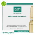Produit de la marque Marti Derm The Originals Proteos Hydra Plus Hydratant Raffermissant - 30 ampoules sur un fond blanc avec un logo Parachezvous et celui de de la marque Marti Derm