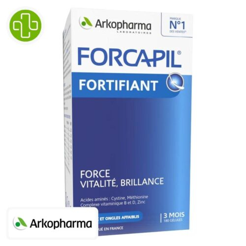 Produit de la marque Arkopharma Forcapil Fortifiant Cheveux & Ongles Force, Vitalité, Brillance - 180 Gélules sur un fond blanc avec un logo Parachezvous et celui de de la marque Arkopharma