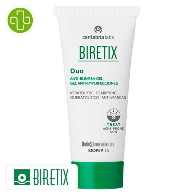 Produit de la marque biretix duo gel anti-imperfections - 30ml sur un fond blanc avec un logo parachezvous et celui de de la marque biretix