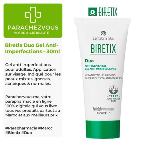 Produit de la marque Biretix Duo Gel Anti-Imperfections - 30ml sur un fond blanc, vert et gris avec un logo Parachezvous et celui de la marque Biretix ainsi qu'une description qui détail les informations du produit