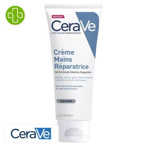 Produit de la marque CeraVe Crème Mains Réparatrice Peaux Sèches à Très Sèches & Rugueuses - 100ml sur un fond blanc avec un logo Parachezvous et celui de de la marque CeraVe