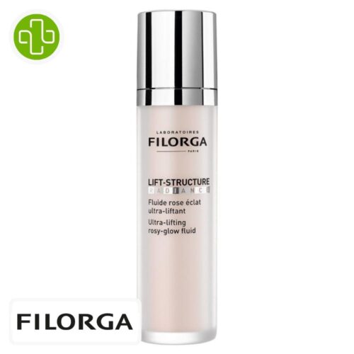 Produit de la marque Filorga Lift-Structure Radiance Fluide Rose Éclat Ultra-Liftant - 50ml sur un fond blanc avec un logo Parachezvous et celui de de la marque Filorga