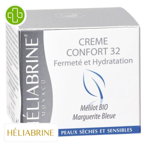 Produit de la marque Héliabrine Crème Confort 32 à l'Acide Hyaluronique - 50ml sur un fond blanc avec un logo Parachezvous et celui de de la marque Héliabrine