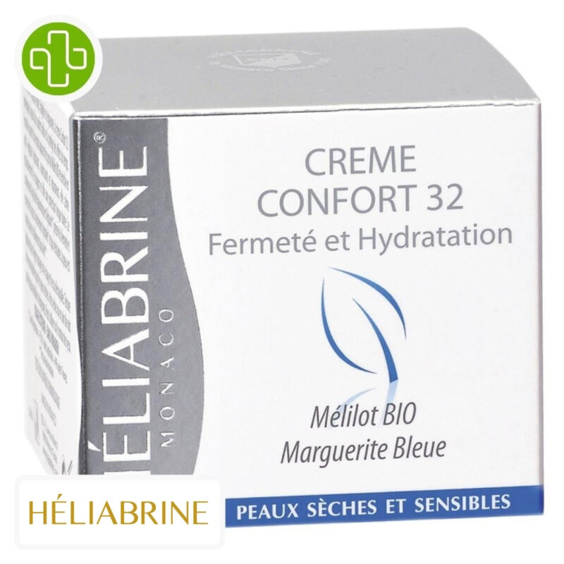 Produit de la marque héliabrine crème confort 32 à l'acide hyaluronique - 50ml sur un fond blanc avec un logo parachezvous et celui de de la marque héliabrine