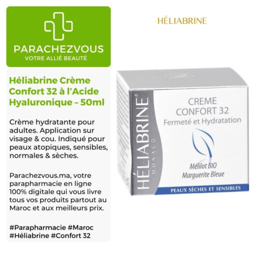 Produit de la marque héliabrine crème confort 32 à l'acide hyaluronique - 50ml sur un fond blanc, vert et gris avec un logo parachezvous et celui de la marque héliabrine ainsi qu'une description qui détail les informations du produit