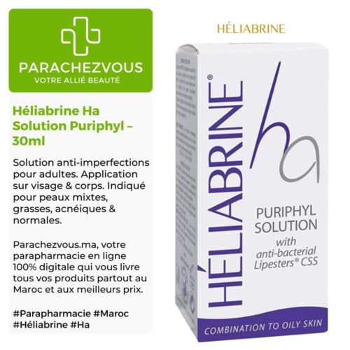 Produit de la marque Héliabrine Ha Solution Puriphyl - 30ml sur un fond blanc, vert et gris avec un logo Parachezvous et celui de la marque Héliabrine ainsi qu'une description qui détail les informations du produit