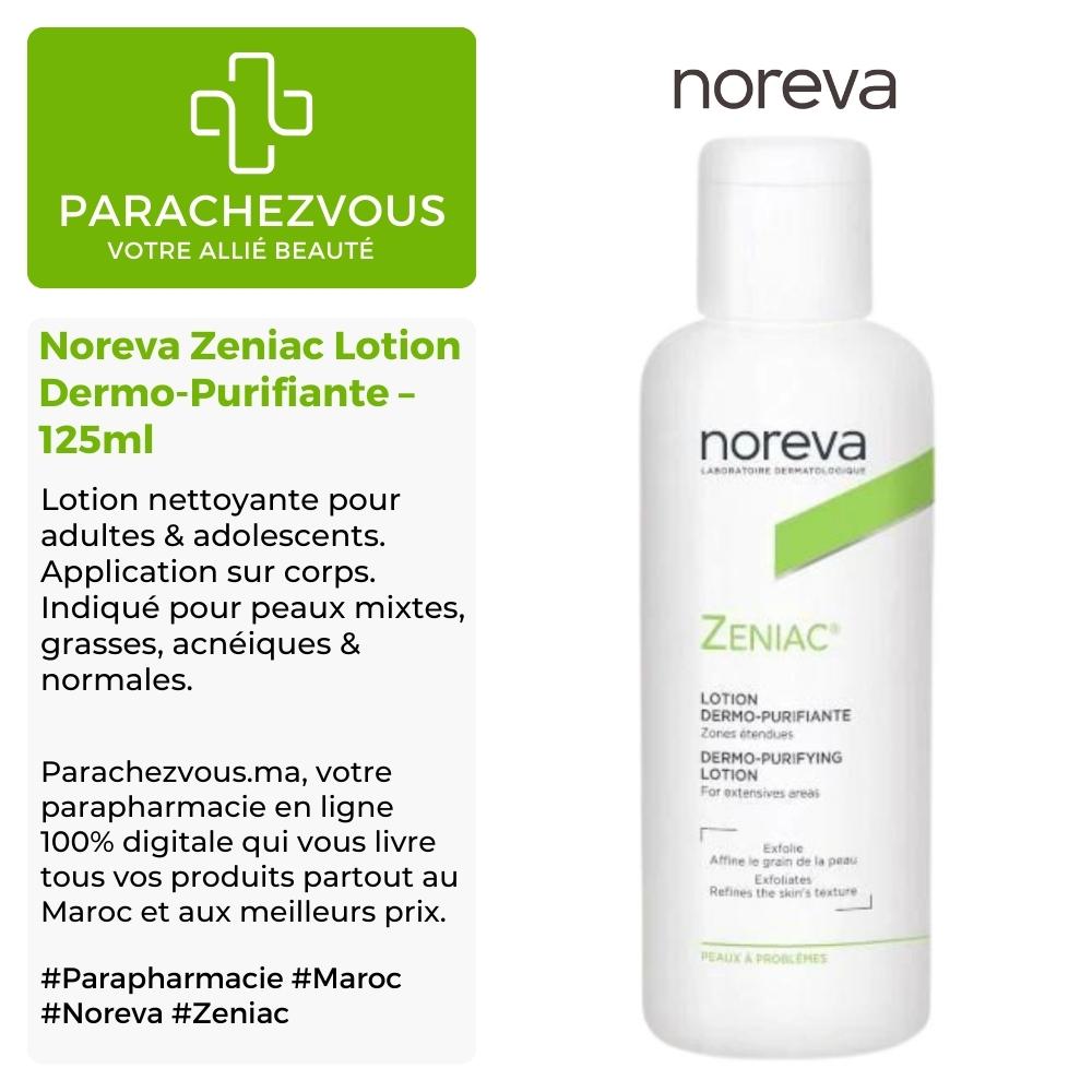 Produit de la marque noreva zeniac lotion dermo-purifiante - 125ml sur un fond blanc, vert et gris avec un logo parachezvous et celui de la marque noreva ainsi qu'une description qui détail les informations du produit