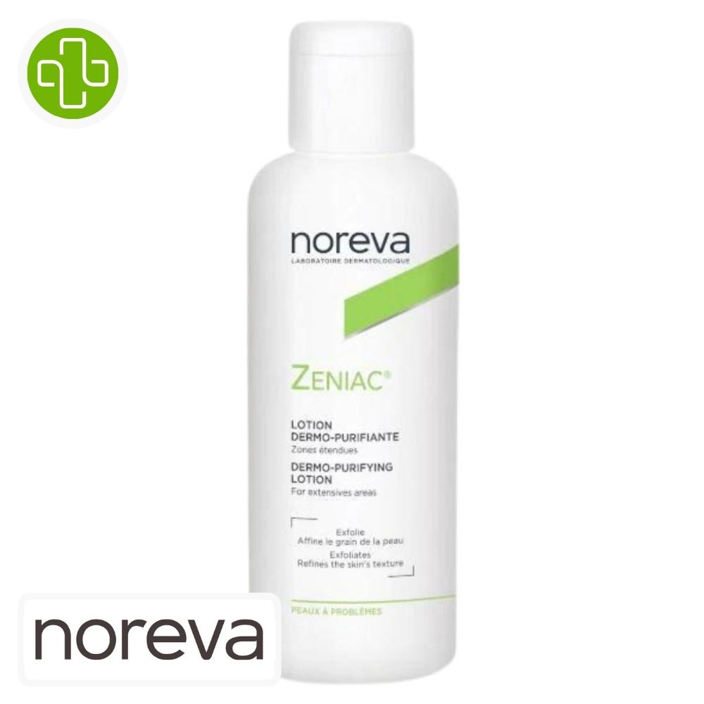 Produit de la marque noreva zeniac lotion dermo-purifiante - 125ml sur un fond blanc avec un logo parachezvous et celui de de la marque noreva