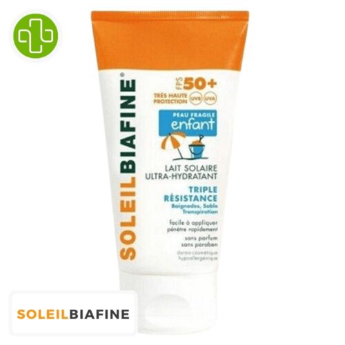 Produit de la marque SOLEIL BIAFINE LAIT SOLAIRE ULTRA HYDRATANT PEDIATRIQUE SPF50+ 150ml sur un fond blanc avec un logo Parachezvous et celui de de la marque Soleil Biafine