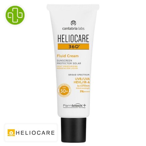 Produit de la marque Heliocare 360° Fluide-Crème Solaire Spf50 - 50ml sur un fond blanc avec un logo Parachezvous et celui de de la marque Heliocare