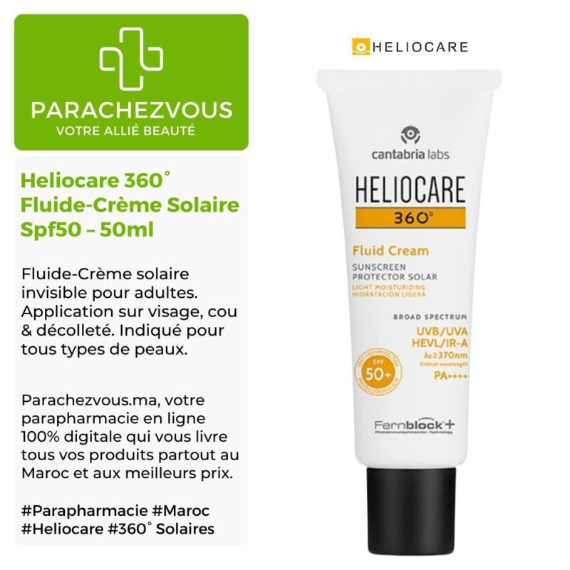 Produit de la marque heliocare 360° fluide-crème solaire spf50 - 50ml sur un fond blanc, vert et gris avec un logo parachezvous et celui de la marque heliocare ainsi qu'une description qui détail les informations du produit