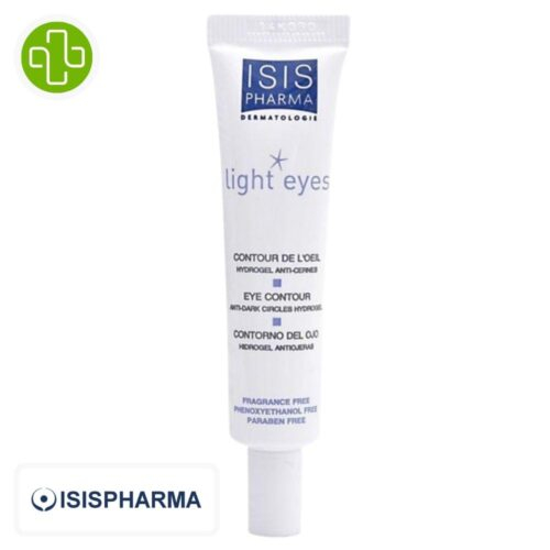 Produit de la marque Isispharma Light Eyes Contour des Yeux - 15ml sur un fond blanc avec un logo Parachezvous et celui de de la marque Isispharma