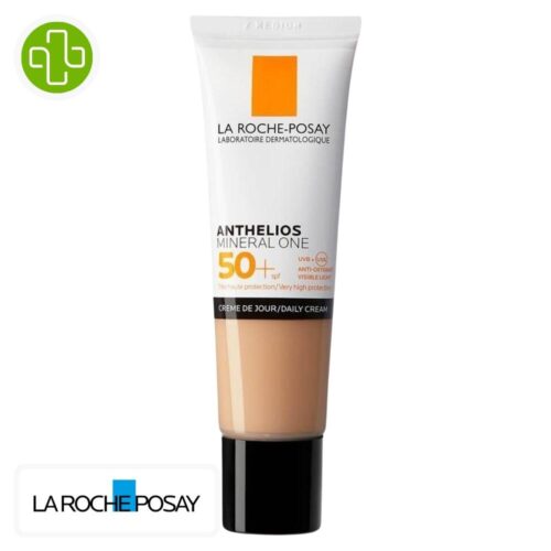 Produit de la marque La Roche-Posay Anthelios Mineral One 02 Medium Crème de Jour Spf50 – 30ml sur un fond blanc avec un logo Parachezvous et celui de de la marque La Roche-Posay