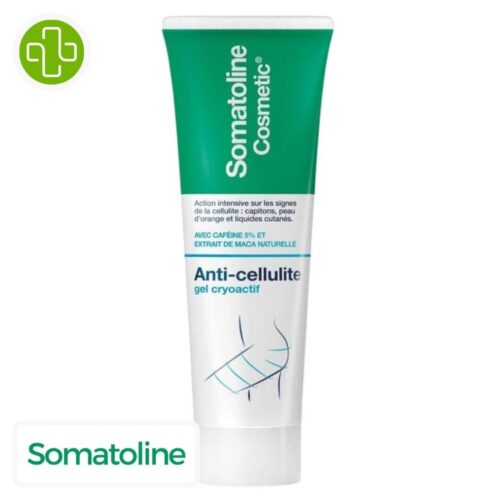 Produit de la marque Somatoline Cosmetic Anti-Cellulite Gel Cryoactif – 250ml sur un fond blanc avec un logo Parachezvous et celui de de la marque Somatoline Cosmetic