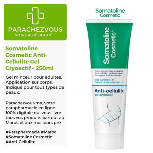 Produit de la marque Somatoline Cosmetic Anti-Cellulite Gel Cryoactif – 250ml sur un fond blanc, vert et gris avec un logo Parachezvous et celui de la marque Somatoline Cosmetic ainsi qu'une description qui détail les informations du produit