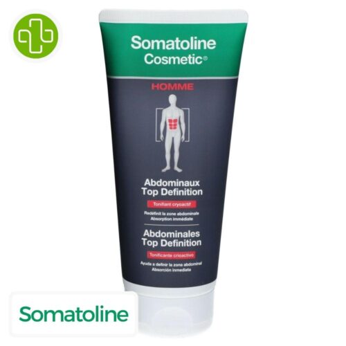 Produit de la marque Somatoline Cosmetic Homme Abdominaux Top Definition - 200ml sur un fond blanc avec un logo Parachezvous et celui de de la marque Somatoline Cosmetic