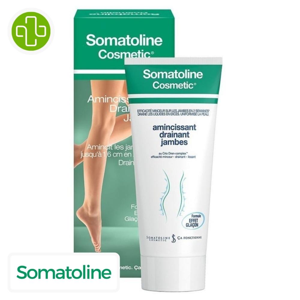 Produit de la marque somatoline cosmetic minceur drainant jambes - 200ml sur un fond blanc avec un logo parachezvous et celui de de la marque somatoline cosmetic