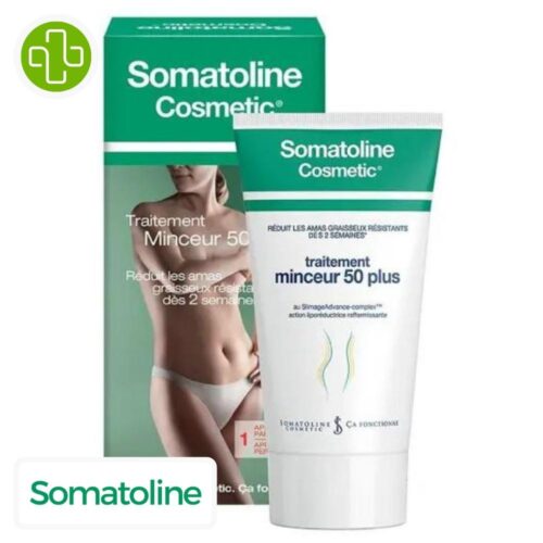 Produit de la marque Somatoline Cosmetic Traitement Minceur 50 Plus - 250ml sur un fond blanc avec un logo Parachezvous et celui de de la marque Somatoline Cosmetic