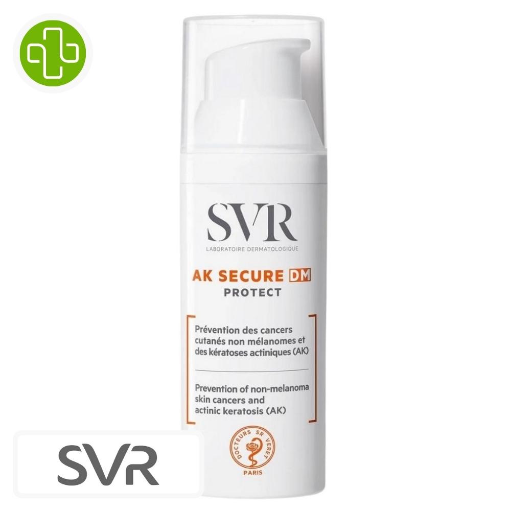 Produit de la marque svr ak secure dm protect kératose actinique – 50ml sur un fond blanc avec un logo parachezvous et celui de de la marque svr