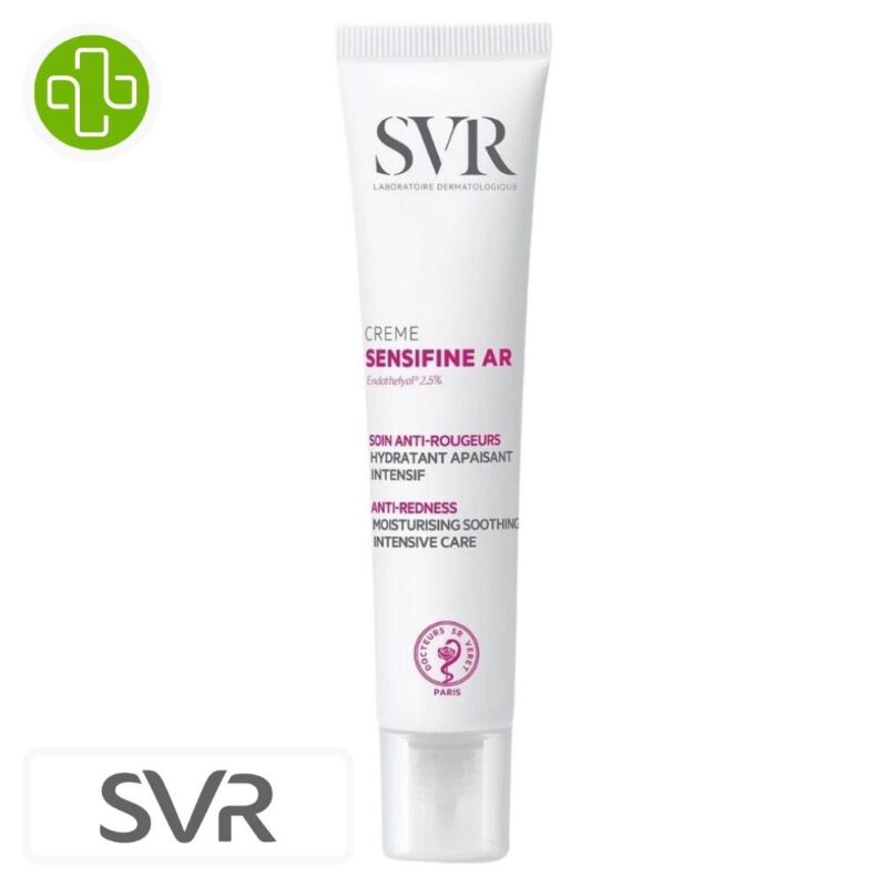 Produit de la marque SVR Sensifine AR Crème Intensive Hydratante Apaisante Anti-Rougeurs – 40ml sur un fond blanc avec un logo Parachezvous et celui de de la marque SVR