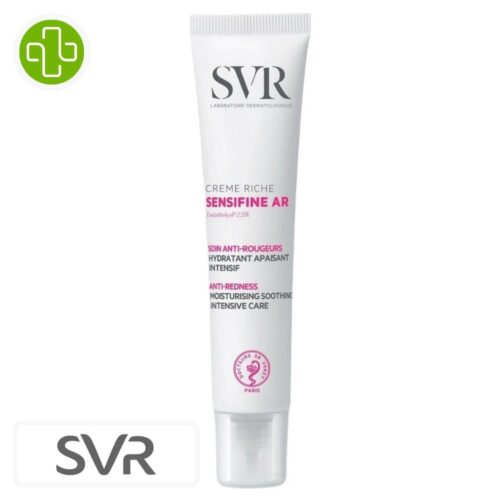 Produit de la marque SVR Sensifine AR Crème Riche Intensive Hydratante Apaisante Anti-Rougeurs – 40ml sur un fond blanc avec un logo Parachezvous et celui de de la marque SVR