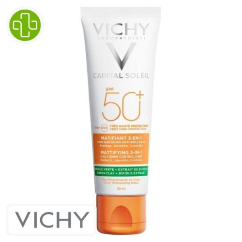 Produit de la marque Vichy Capital Idéal Soleil Soin Solaire Matifiant 3 en 1 Anti-Brillance Spf50 - 50ml sur un fond blanc avec un logo Parachezvous et celui de de la marque Vichy