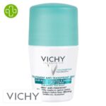Produit de la marque Vichy Déodorant Anti-Transpirant Anti-Traces Jaunes & Blanches 48h Roll-On Bille - 50ml sur un fond blanc avec un logo Parachezvous et celui de de la marque Vichy