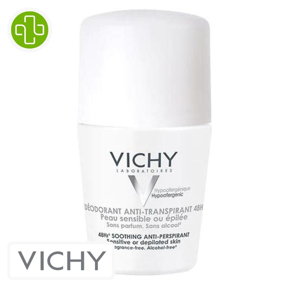 Produit de la marque vichy déodorant anti-transpirant peau sensible ou épilée 48h roll-on bille - 50ml sur un fond blanc avec un logo parachezvous et celui de de la marque vichy