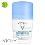 Produit de la marque Vichy Déodorant Minéral 48h Roll-On Bille - 50ml sur un fond blanc avec un logo Parachezvous et celui de de la marque Vichy