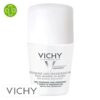 Produit de la marque Vichy Déodorant Anti-Transpirant Peau Sensible ou Épilée 48h Roll-On Bille - 50ml sur un fond blanc avec un logo Parachezvous et celui de de la marque Vichy