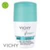 Produit de la marque Vichy Déodorant Anti-Transpirant Anti-Traces Jaunes & Blanches 48h Roll-On Bille - 50ml sur un fond blanc avec un logo Parachezvous et celui de de la marque Vichy