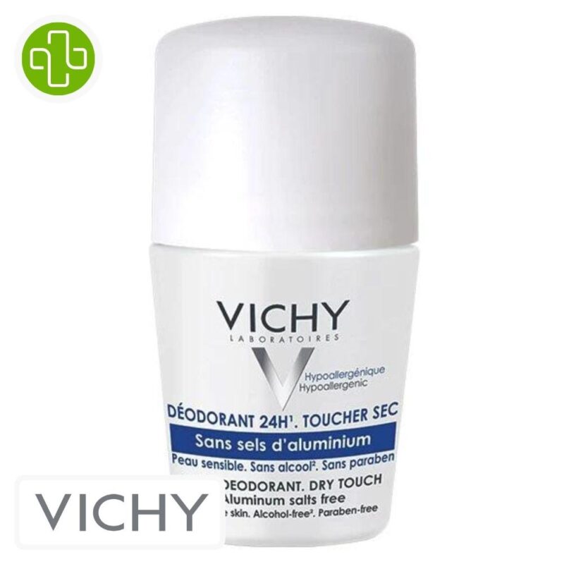 Produit de la marque vichy déodorant sans sels d'aluminium 24h roll-on bille - 50ml sur un fond blanc avec un logo parachezvous et celui de de la marque vichy