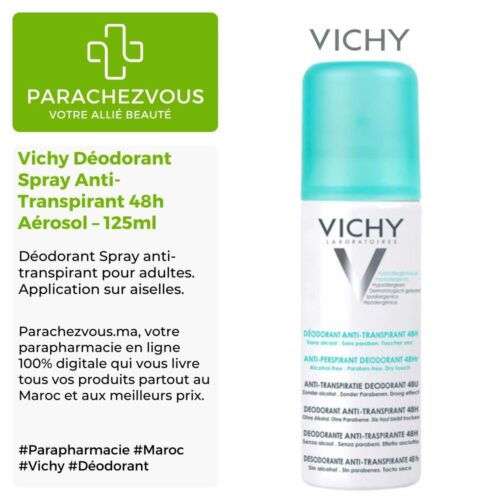 Produit de la marque Vichy Déodorant Spray Anti-Transpirant 48h Aérosol - 125ml sur un fond blanc, vert et gris avec un logo Parachezvous et celui de la marque Vichy ainsi qu'une description qui détail les informations du produit