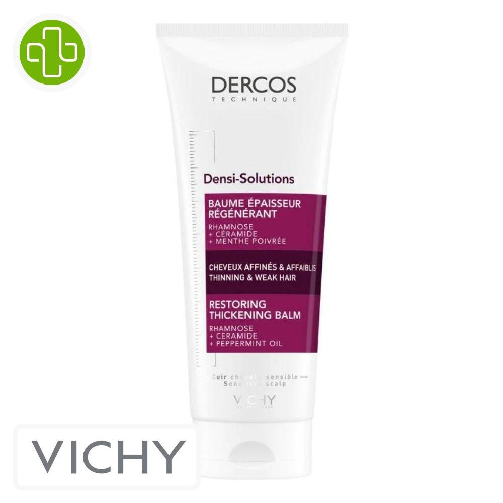 Produit de la marque vichy dercos technique densi-solutions baume après-shampooing épaisseur régénérant - 200ml sur un fond blanc avec un logo parachezvous et celui de de la marque vichy