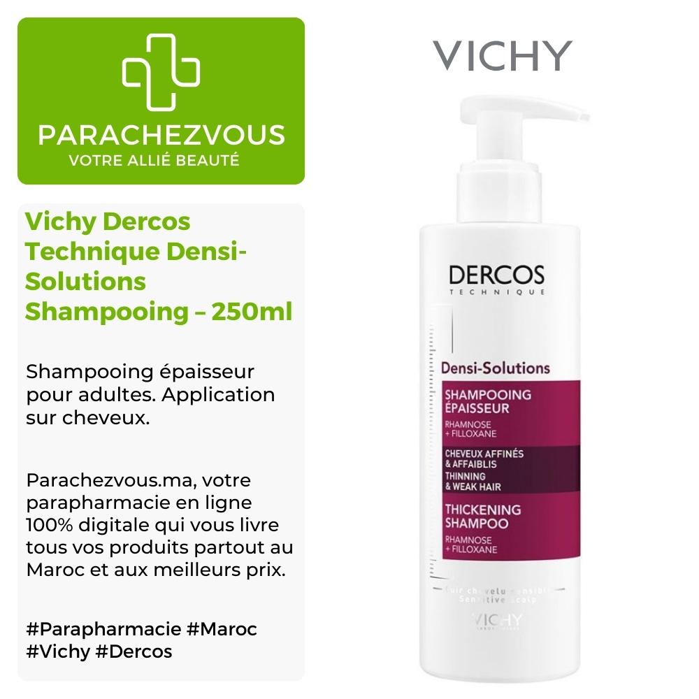 Produit de la marque vichy dercos technique densi-solutions shampooing épaisseur - 250ml sur un fond blanc, vert et gris avec un logo parachezvous et celui de la marque vichy ainsi qu'une description qui détail les informations du produit