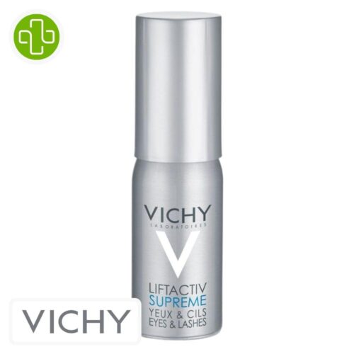 Produit de la marque Vichy Liftactiv Supreme Yeux & Cils Sérum Liftant - 15ml sur un fond blanc avec un logo Parachezvous et celui de de la marque Vichy