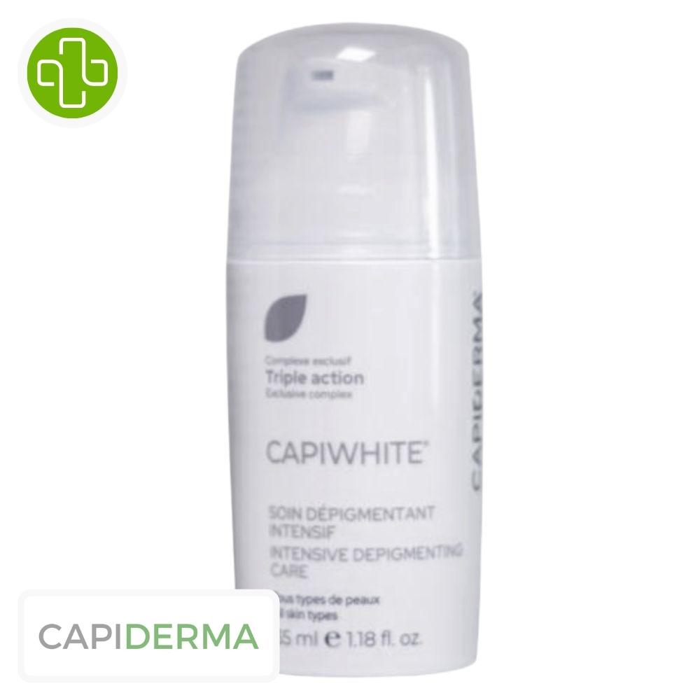 Produit de la marque capiderma capiwhite hq soin dépigmentant intensif - 35ml sur un fond blanc avec un logo parachezvous et celui de de la marque capiderma