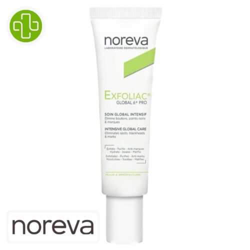 Produit de la marque Noreva Exfoliac Global 6+ Pro Soin Global Intensif Boutons & Points Noirs - 30ml sur un fond blanc avec un logo Parachezvous et celui de de la marque Noreva