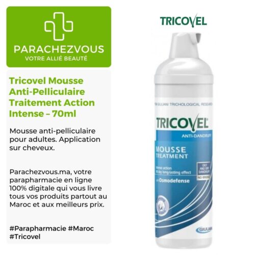 Produit de la marque Tricovel Mousse Anti-Pelliculaire Traitement Action Intense - 70ml sur un fond blanc, vert et gris avec un logo Parachezvous et celui de la marque Tricovel ainsi qu'une description qui détail les informations du produit
