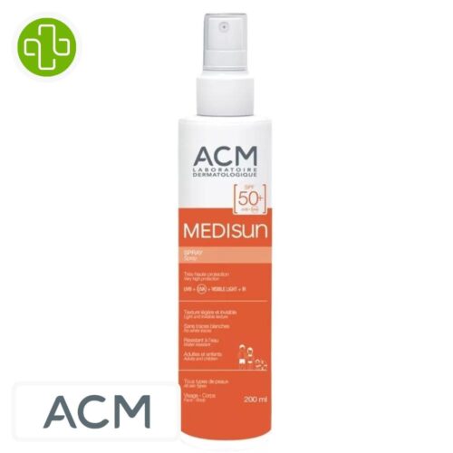 Produit de la marque ACM Medisun Spray Solaire Spf50 - 200ml sur un fond blanc avec un logo Parachezvous et celui de de la marque ACM