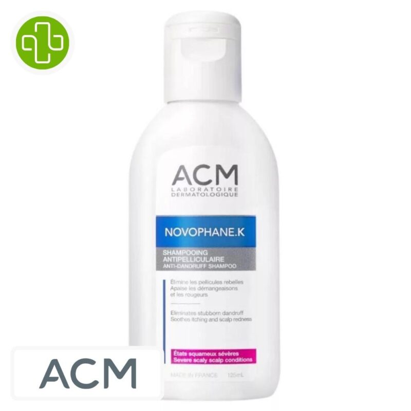 Produit de la marque acm novophane k shampooing pellicules sévères - 125ml sur un fond blanc avec un logo parachezvous et celui de de la marque acm