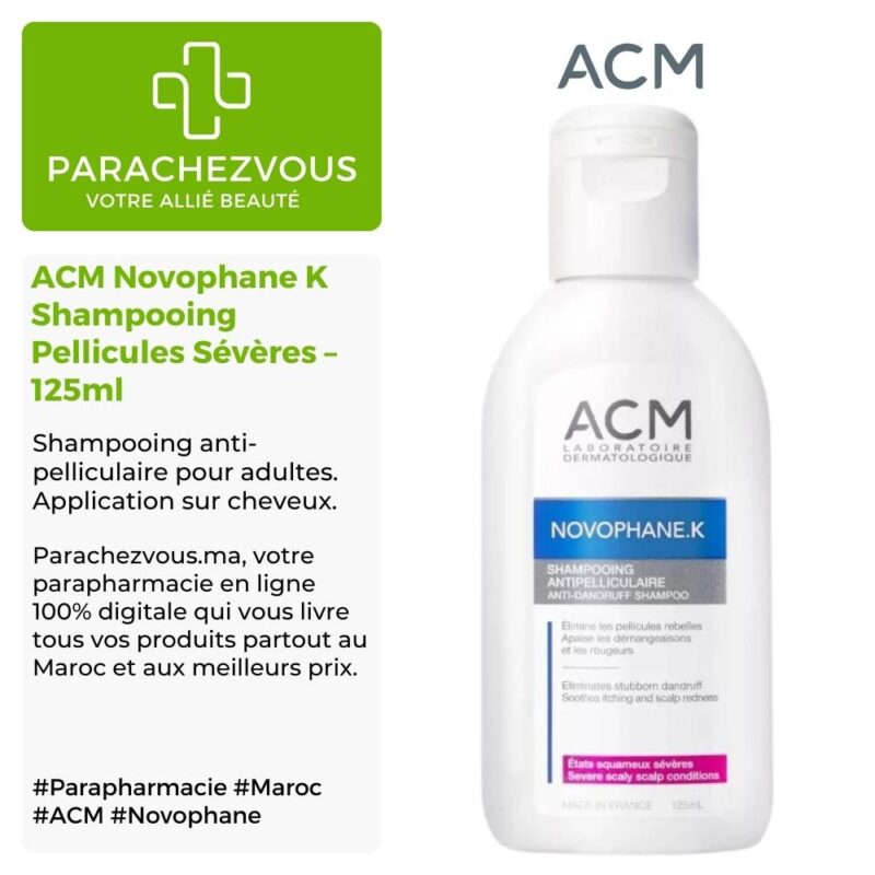 Produit de la marque acm novophane k shampooing pellicules sévères - 125ml sur un fond blanc, vert et gris avec un logo parachezvous et celui de la marque acm ainsi qu'une description qui détail les informations du produit