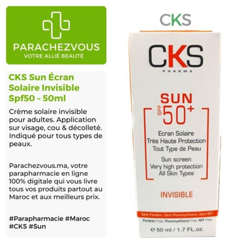 Produit de la marque cks sun écran solaire invisible spf50 - 50ml sur un fond blanc, vert et gris avec un logo parachezvous et celui de la marque cks ainsi qu'une description qui détail les informations du produit
