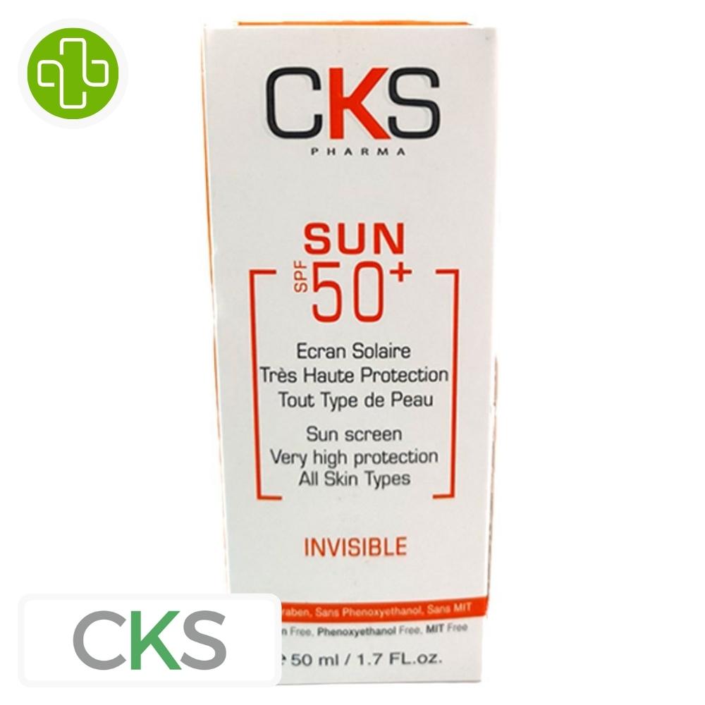 Produit de la marque cks sun écran solaire invisible spf50 - 50ml sur un fond blanc avec un logo parachezvous et celui de de la marque cks