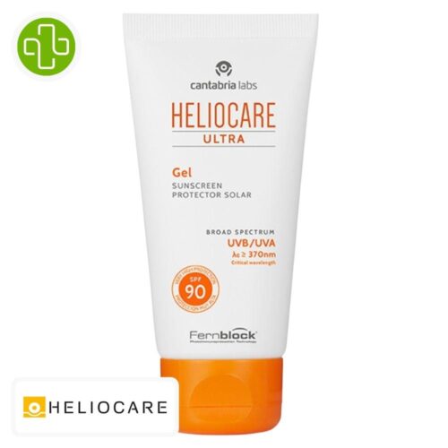 Produit de la marque Heliocare Ultra Gel Solaire Spf90 - 50ml sur un fond blanc avec un logo Parachezvous et celui de de la marque Heliocare