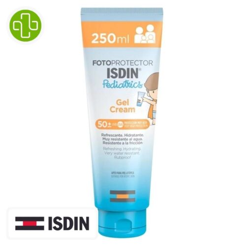 Produit de la marque Isdin Fotoprotector Gel Cream Pediatrics Solaire Spf50 - 250ml sur un fond blanc avec un logo Parachezvous et celui de la marque ISDIN